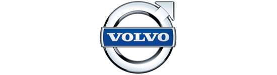 Un primer plano de un logotipo de Volvo sobre un fondo blanco.