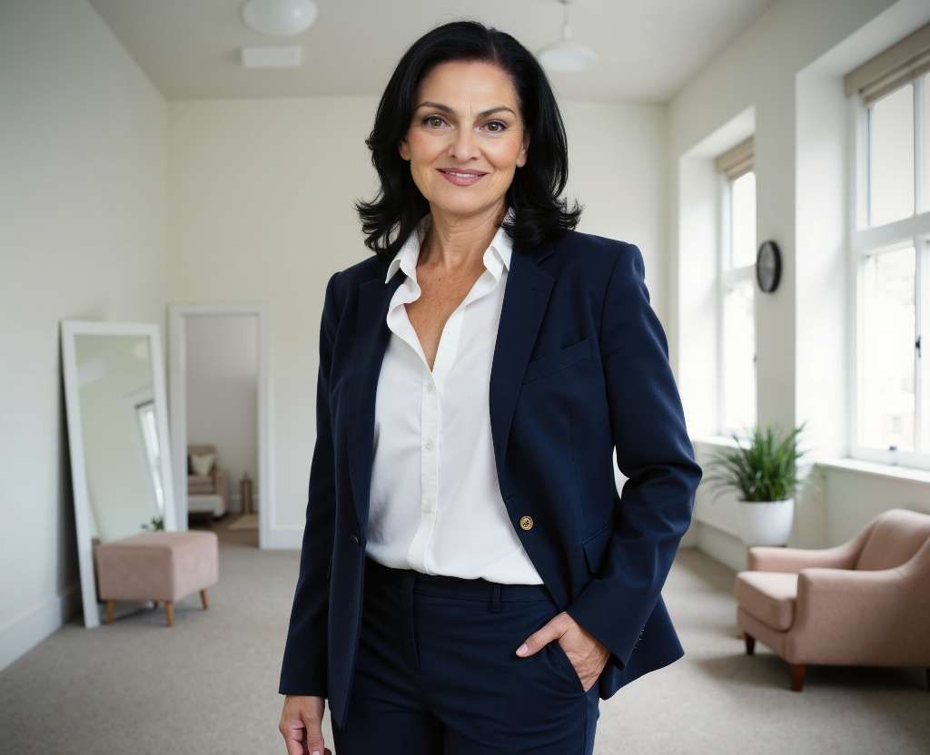 A woman wearing glasses and a black shirt is smiling for the camera.