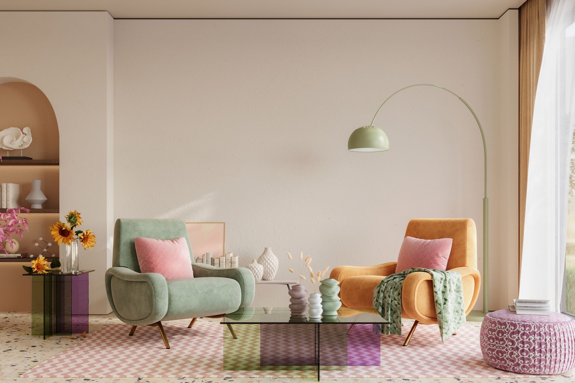 Pastel living room with two armchairs, floor lamp, pink ottoman, and floral decor