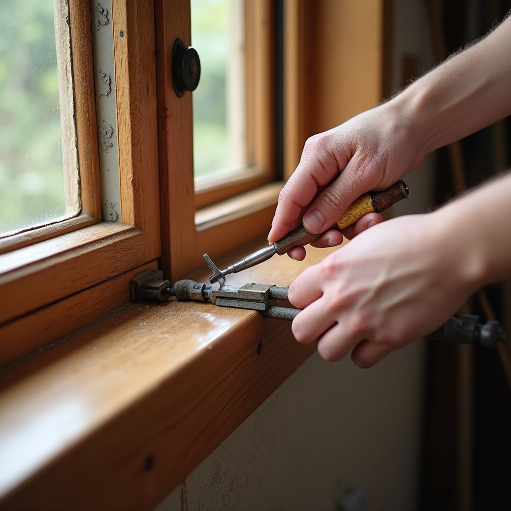 Hands using tools to work on a wooden window frame, likely repairing or removing old putty.