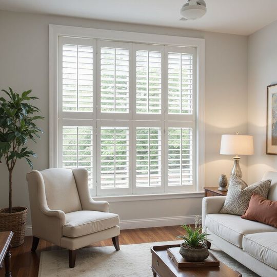 Living room with white shutters, armchair, sofa, and potted plants.