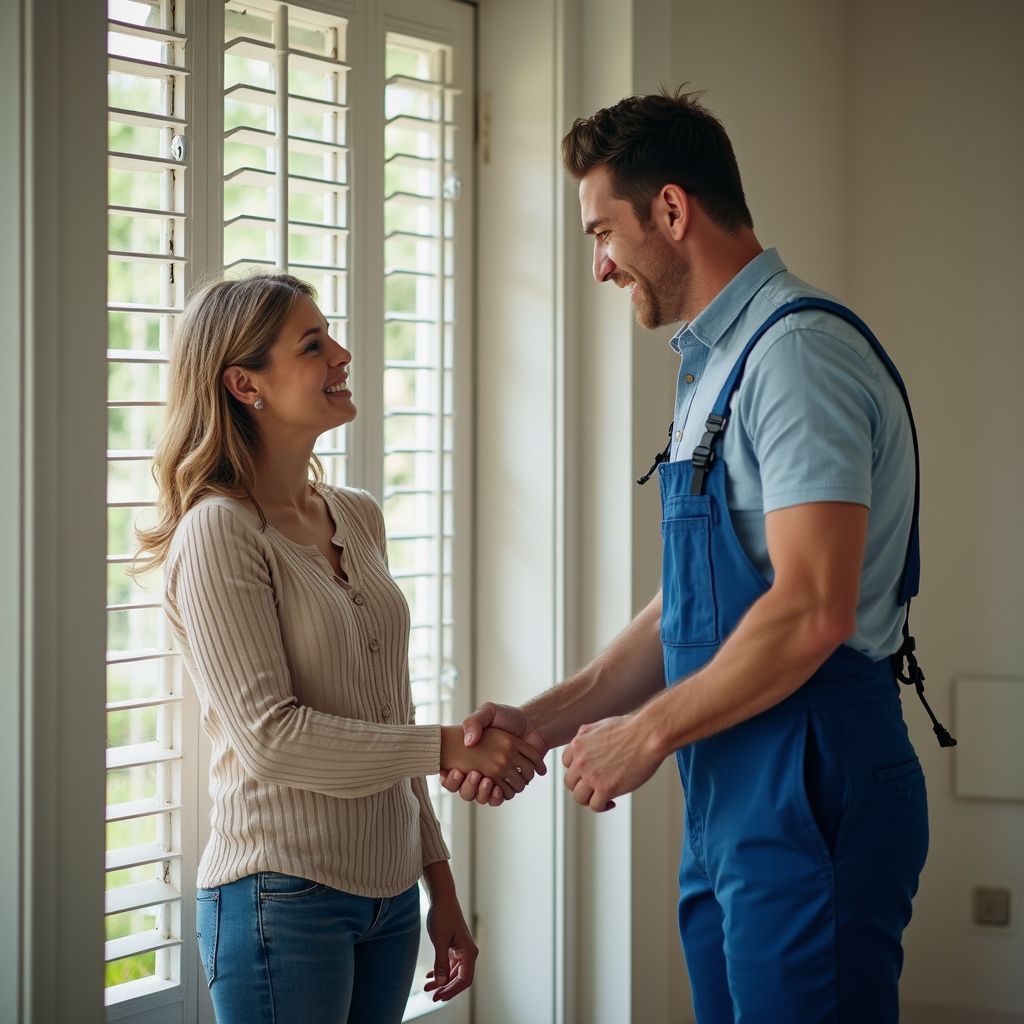 Woman and repairman shaking hands in front of a window; both smiling.