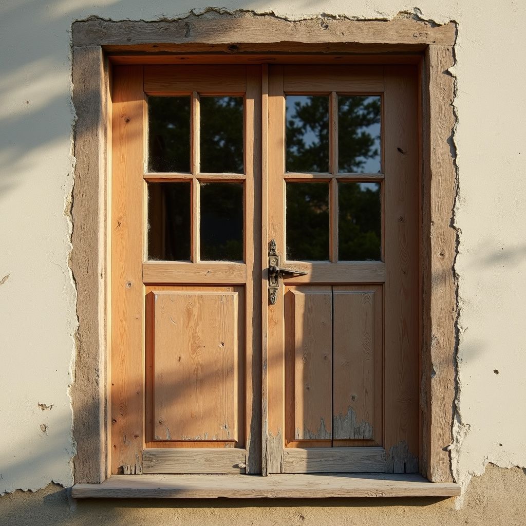 Wooden double doors in a weathered frame, set in a beige wall, reflecting trees.