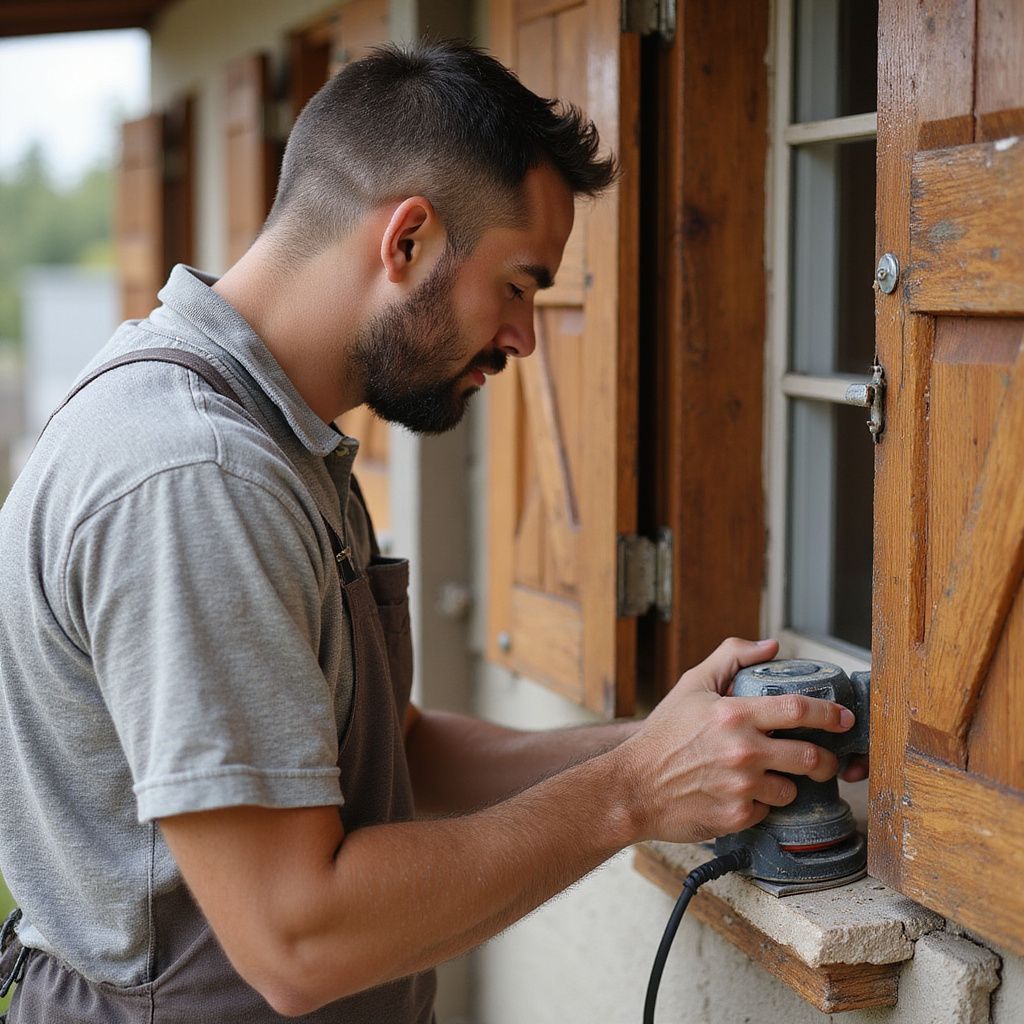 Man sanding wooden window shutters outdoors.