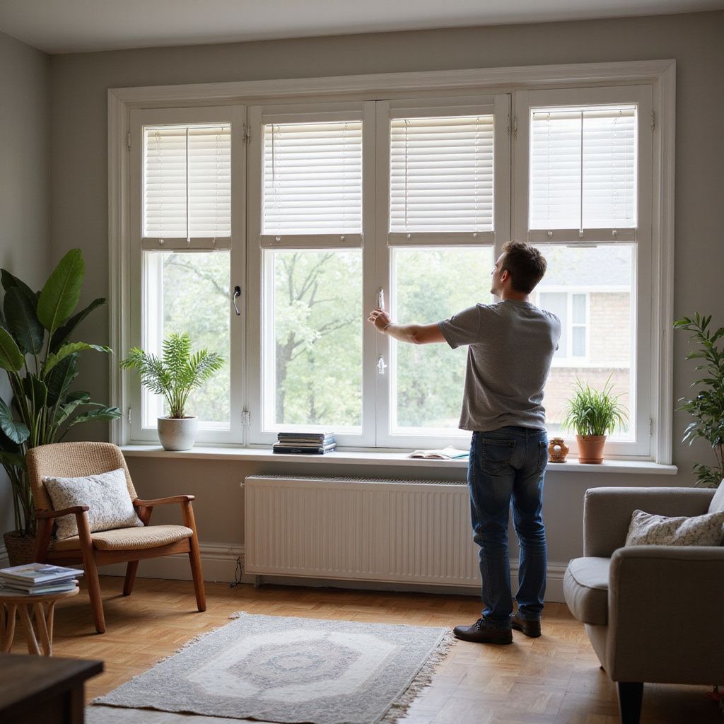Man adjusting blinds in a bright room. A window, plants, chair, rug, and couch are visible.