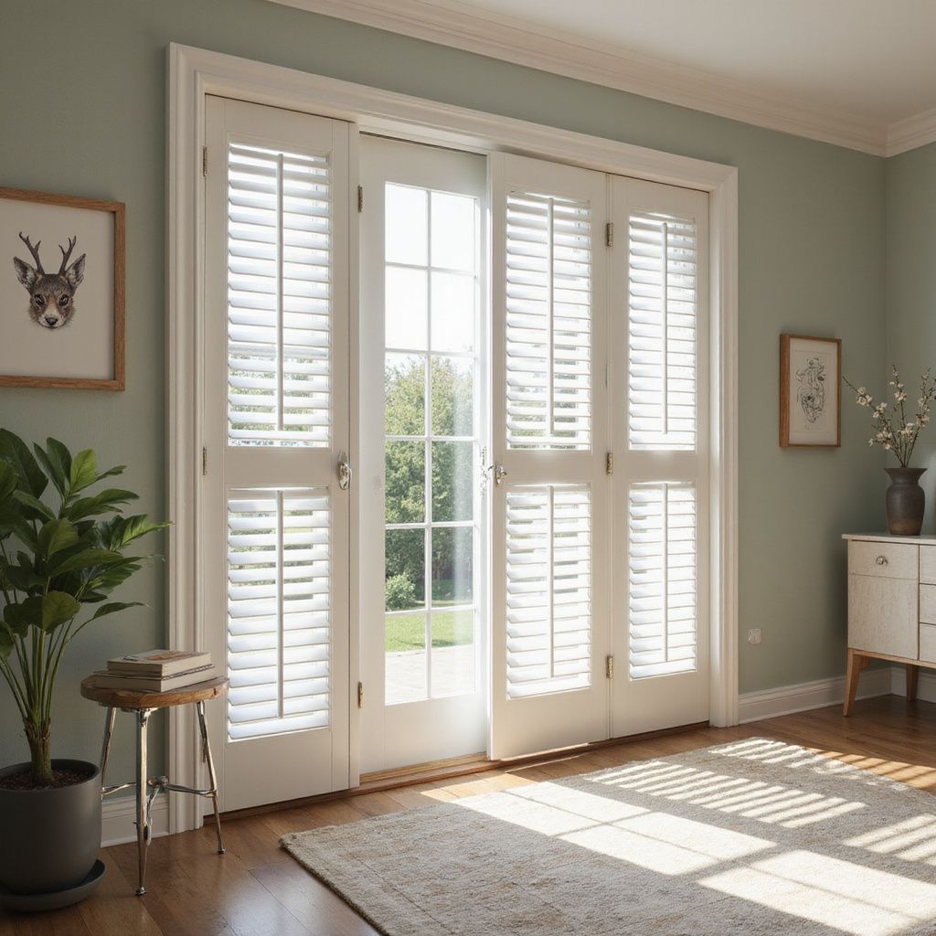 Bright room with white shutters on glass doors, a deer art piece, and a potted plant.