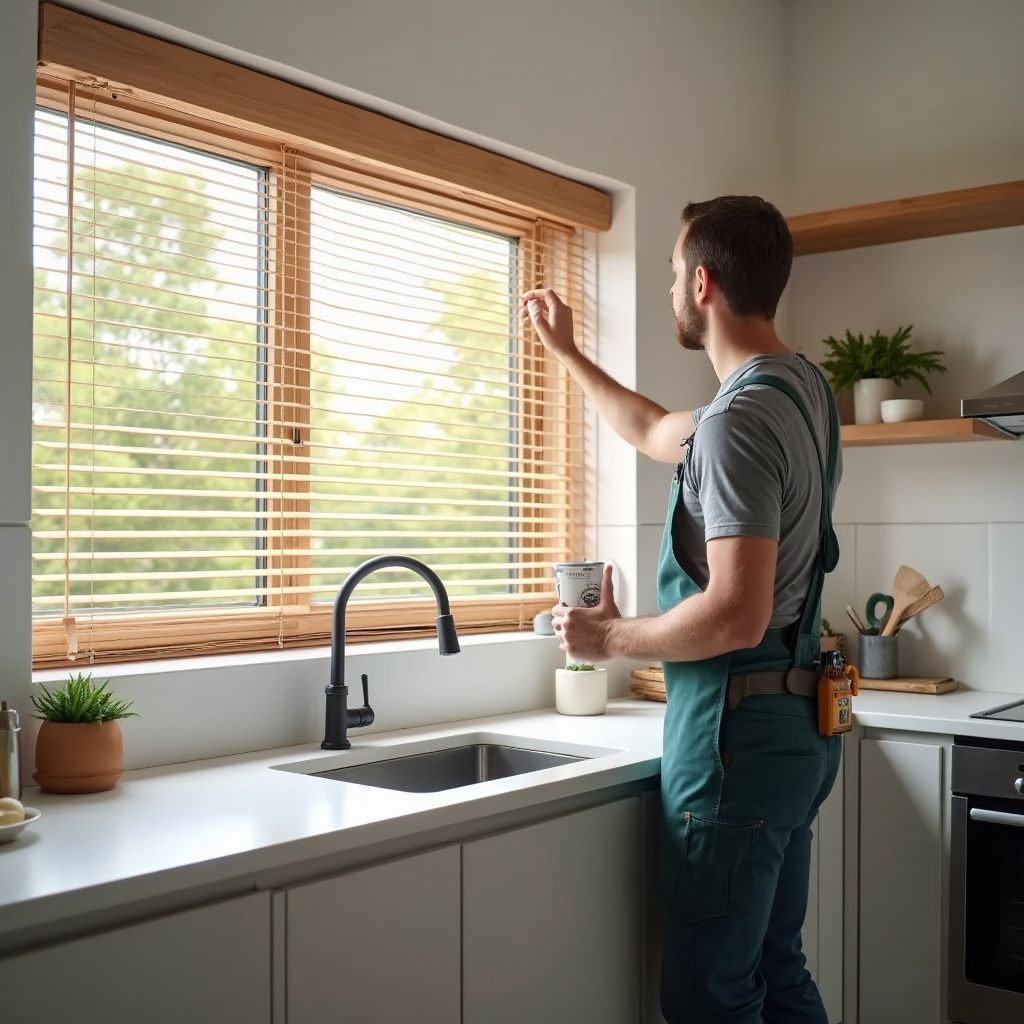 Man in overalls adjusts wooden blinds in a kitchen, holding a mug. Bright window.