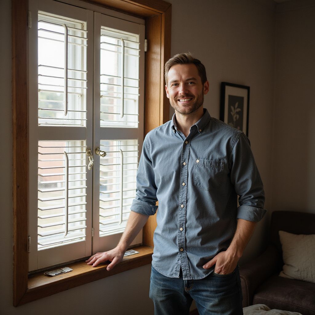 Man stands by window with white shutters, smiling, wearing blue shirt and jeans.