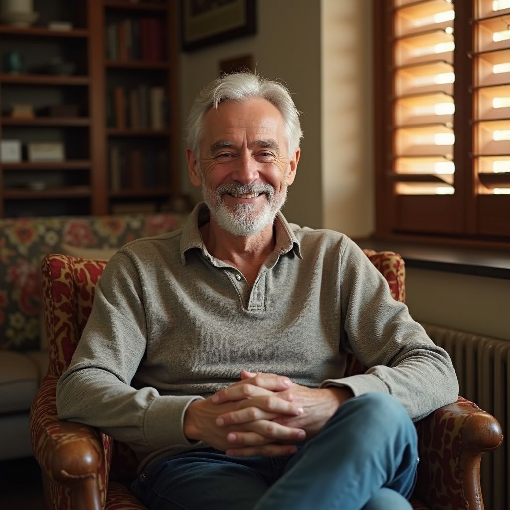 Smiling older man with gray hair, sitting in a patterned armchair, hands clasped, in front of a bookcase.