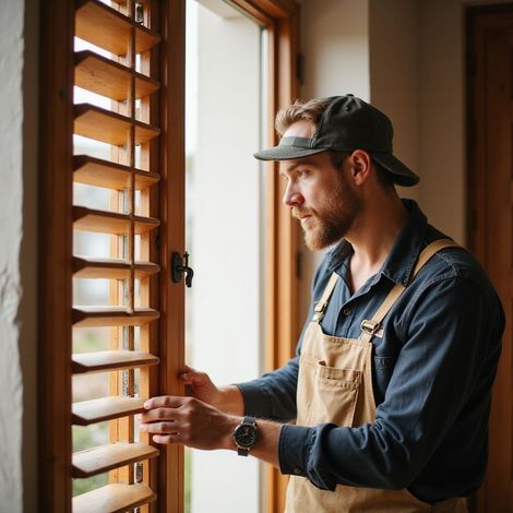 Man in overalls and cap adjusting wooden window shutters.