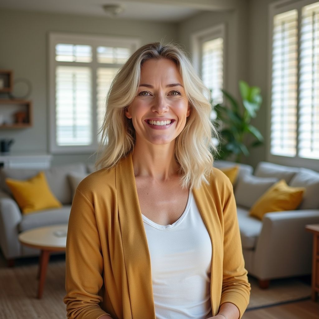 Woman with blonde hair smiles in a living room, wearing a yellow cardigan.