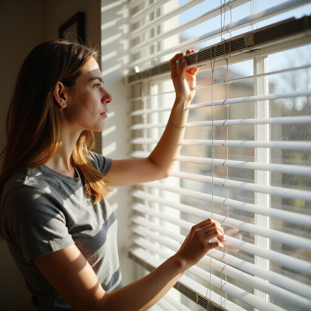 Woman adjusting blinds, looking out sunlit window.