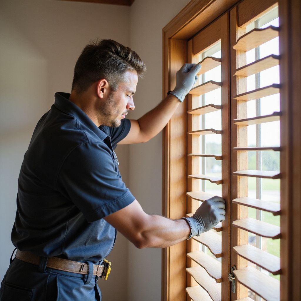 Man in gray gloves adjusting wooden window shutters.