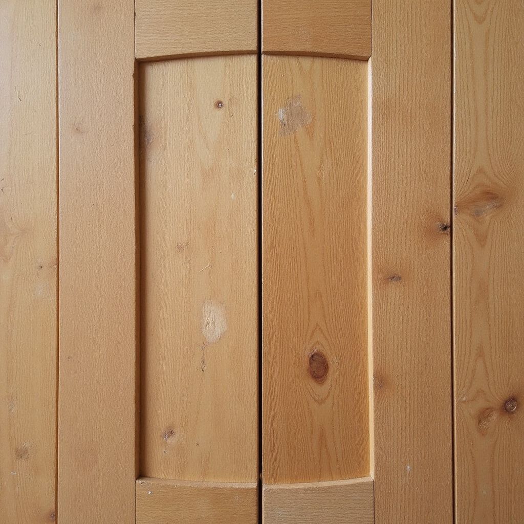 Wooden cabinet doors with recessed panel, light brown.