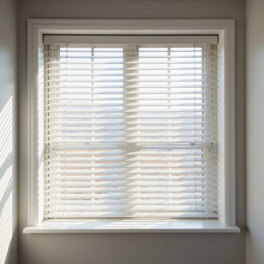 White window with slatted blinds; sunlight streams through.