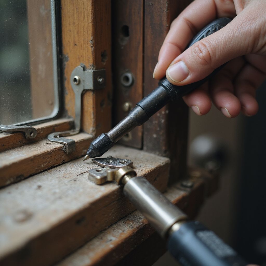 A hand using a multi-tool to adjust a window latch on a wooden frame.