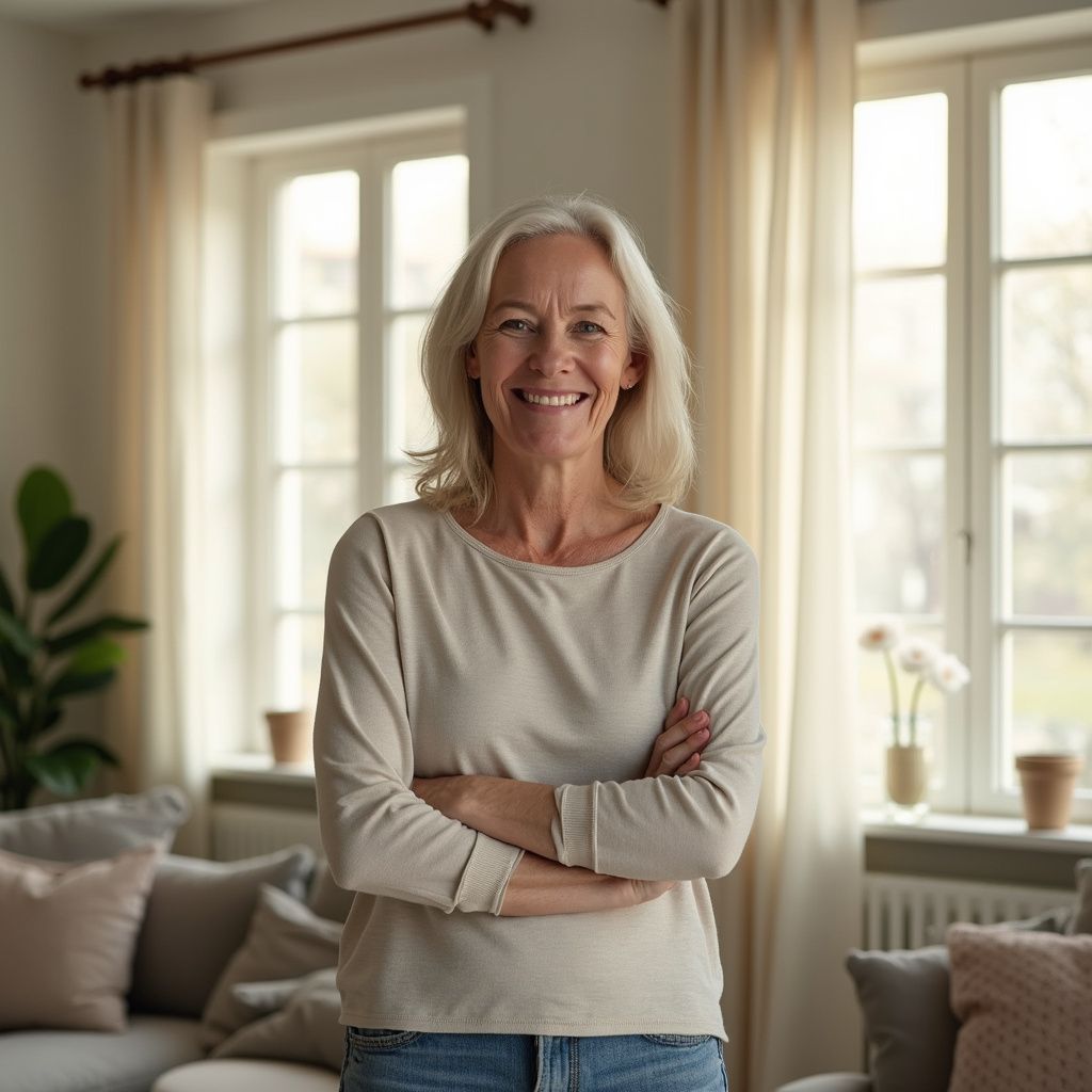 Smiling older woman with arms crossed, standing in a sunlit living room.