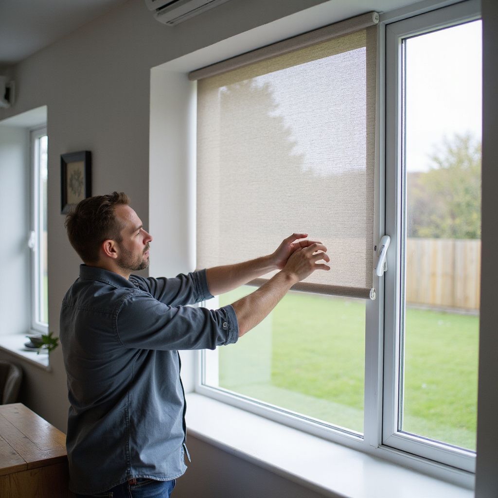 Man adjusting a beige roller shade on a window, inside a bright room with green view.