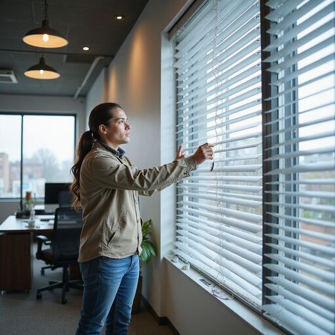 Woman adjusting white blinds in an office, looking out the window.