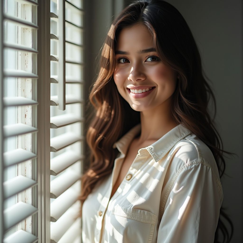 Smiling young woman with long brown hair, standing by a window, wearing a cream-colored button-down shirt.