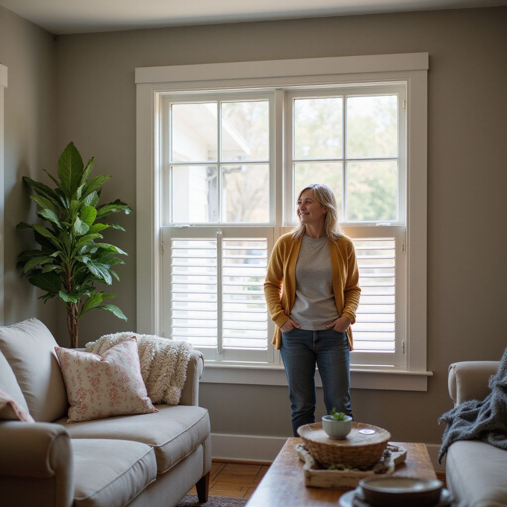Woman in yellow cardigan, jeans, standing by a window with open shutters in a living room.