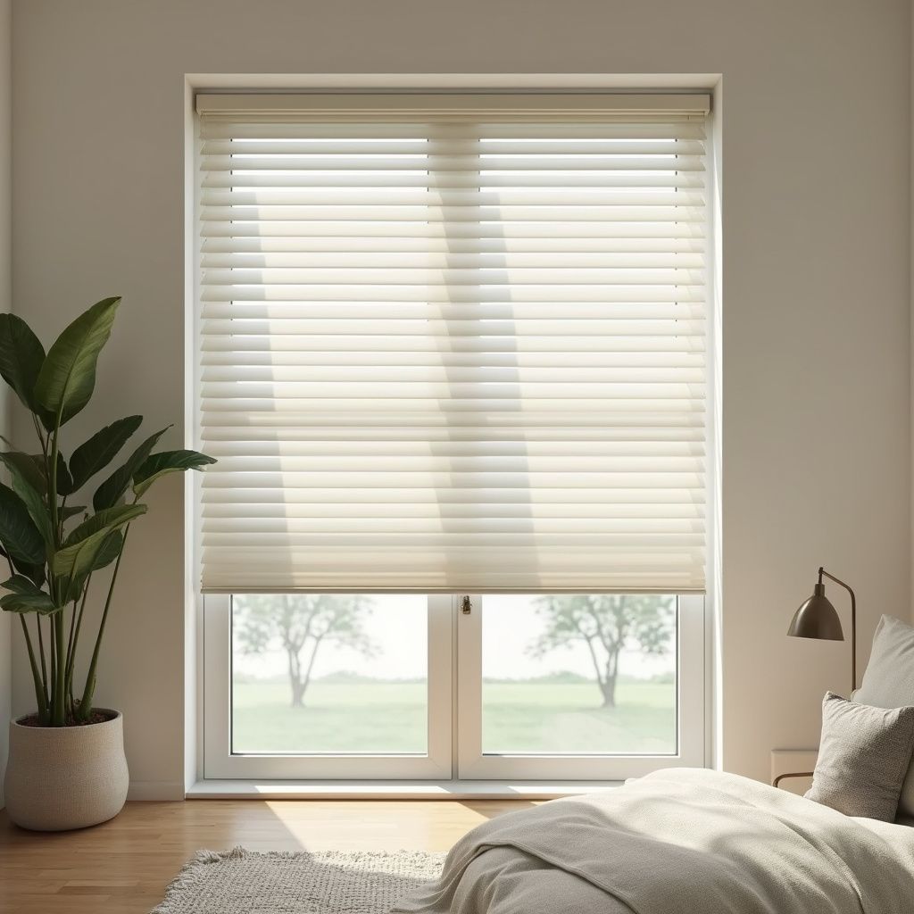 Window with cream-colored blinds, letting in sunlight. A bedroom setting with a plant, rug, and bed.