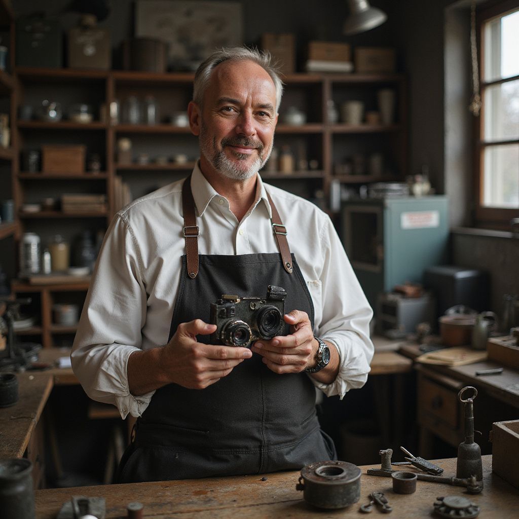 Man in apron holding a vintage camera in a workshop, smiling at the viewer.
