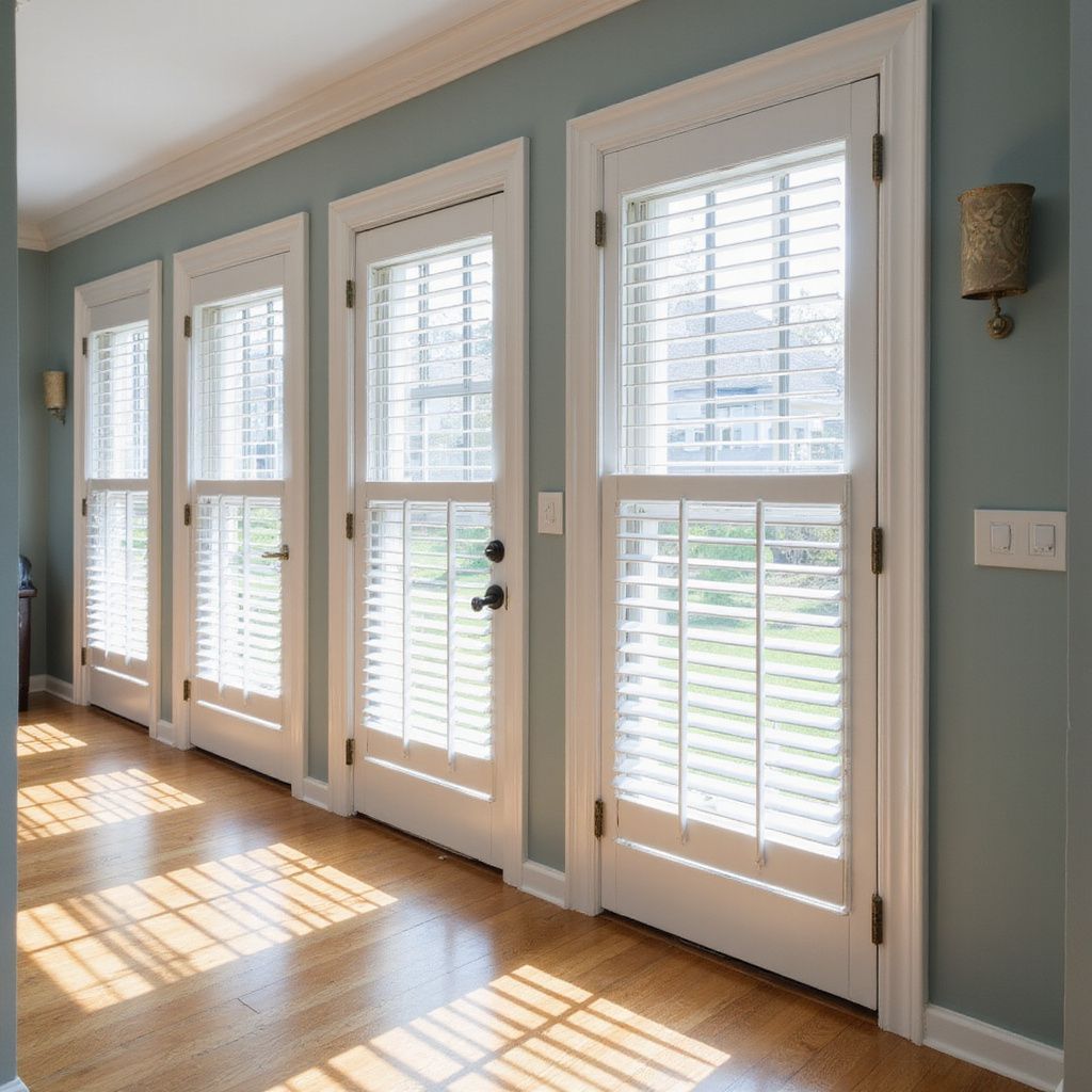 Three white doors with shutters, light blue walls, and hardwood floors; sunny room.