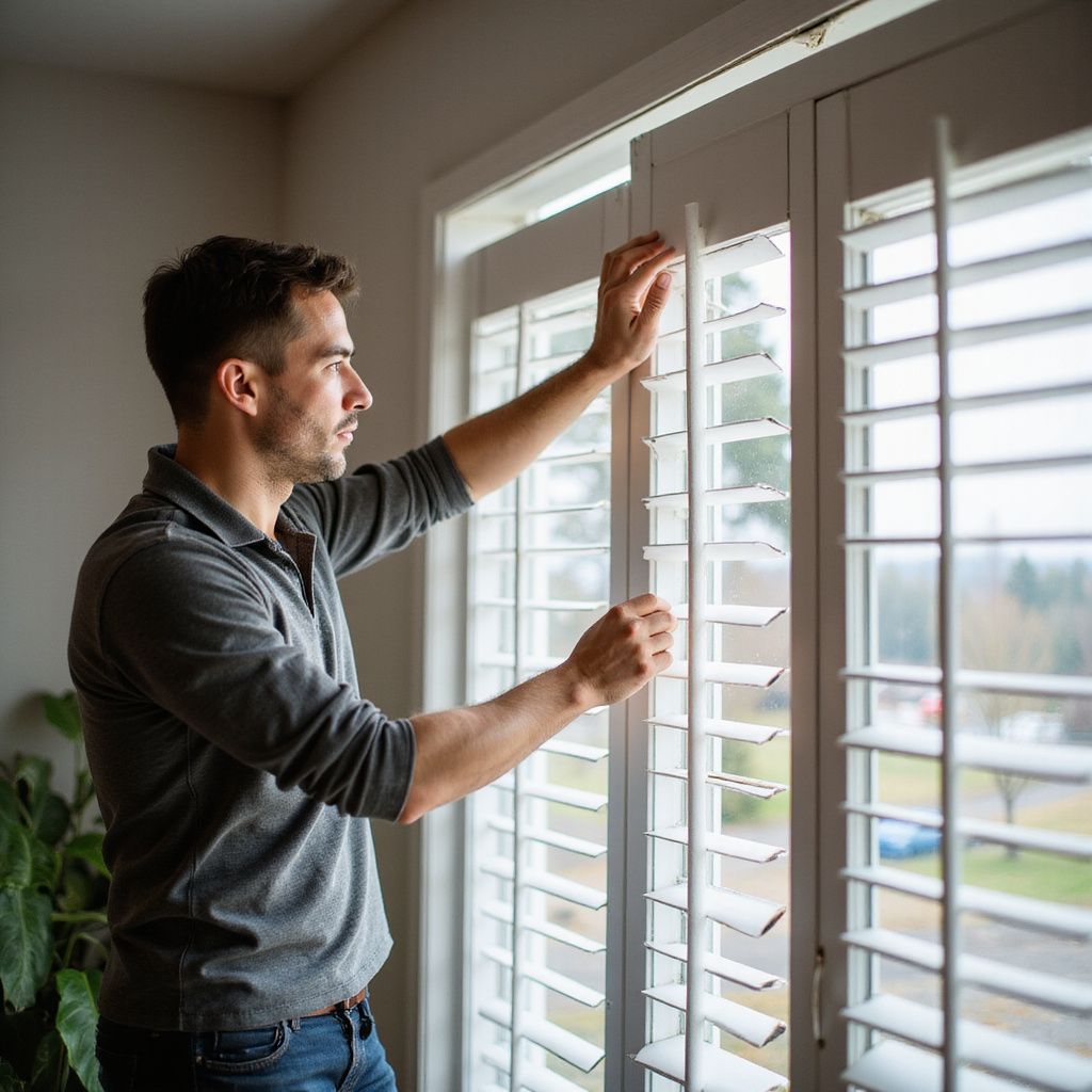 Man adjusting white window shutters indoors.