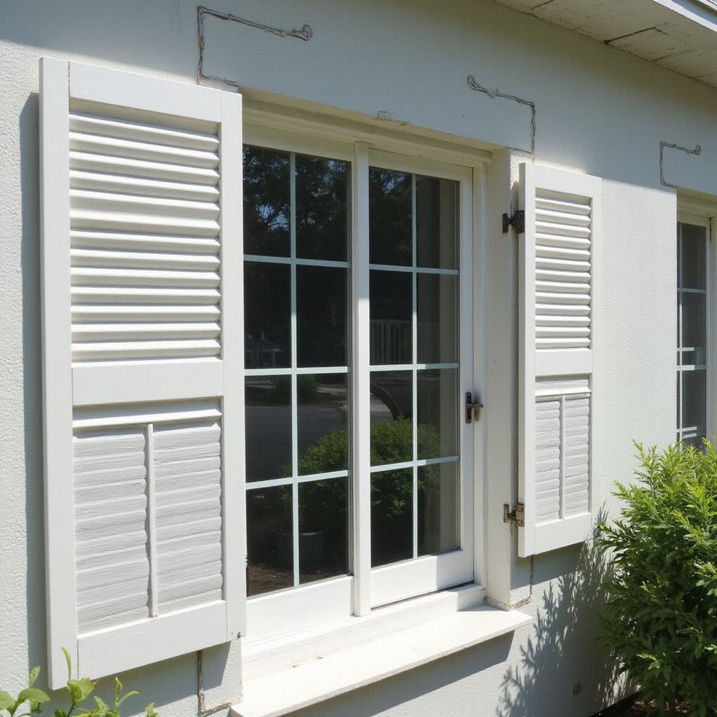 White window with open shutters on a stucco building.