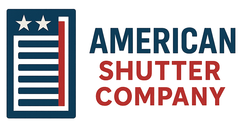 Logo for American Shutter Company with patriotic colors: blue, white, and red.