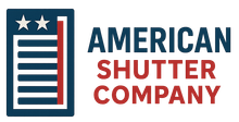 Logo for American Shutter Company with patriotic colors: blue, white, and red.