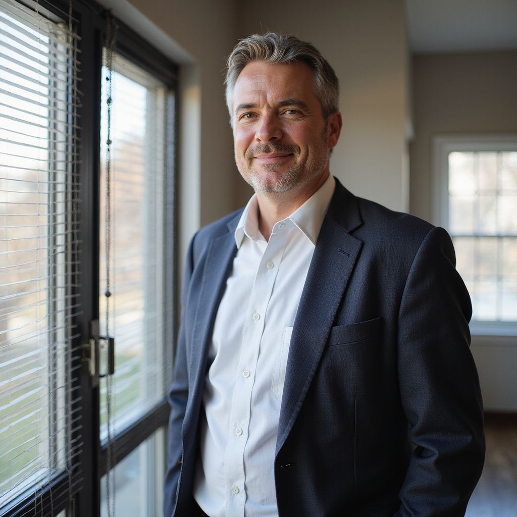 Man in a suit smiling near a window with blinds. He has gray hair and stands indoors.