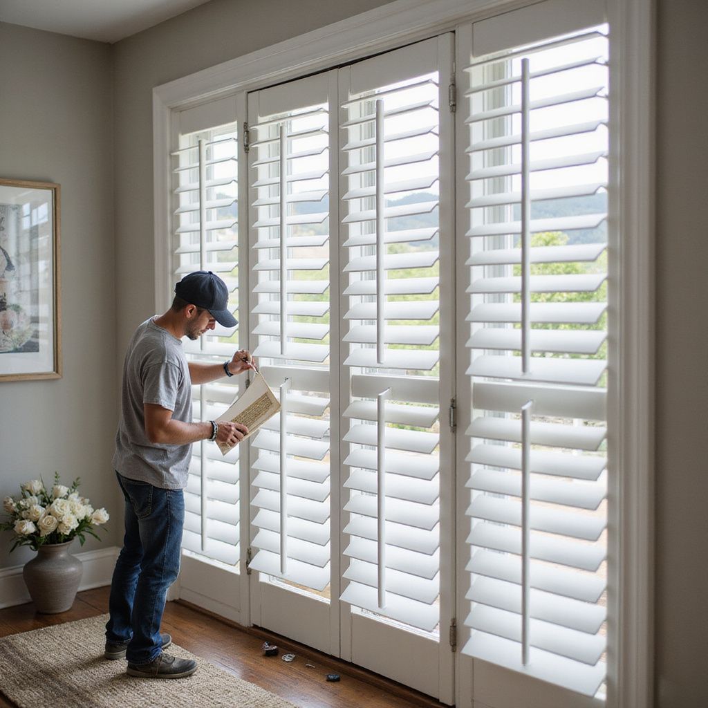 Man installing white shutters on a window. He's wearing a hat and jeans, holding a tool, inside a well-lit room.