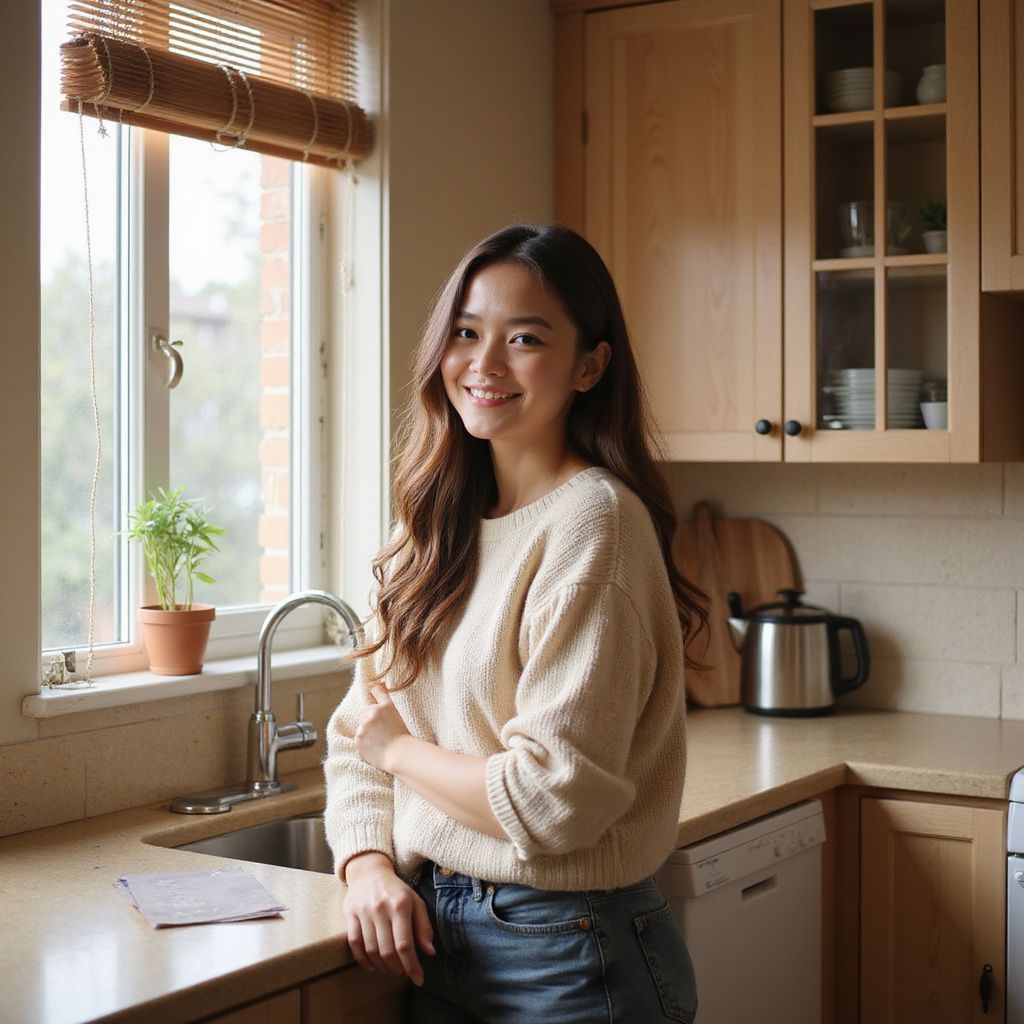 Woman in a kitchen smiling, leaning on countertop, next to window.