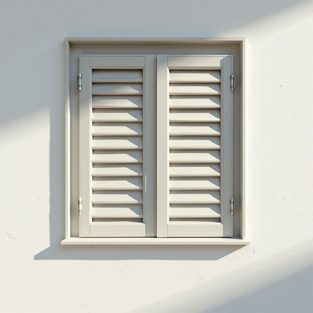 Window with light gray shutters on a white wall.