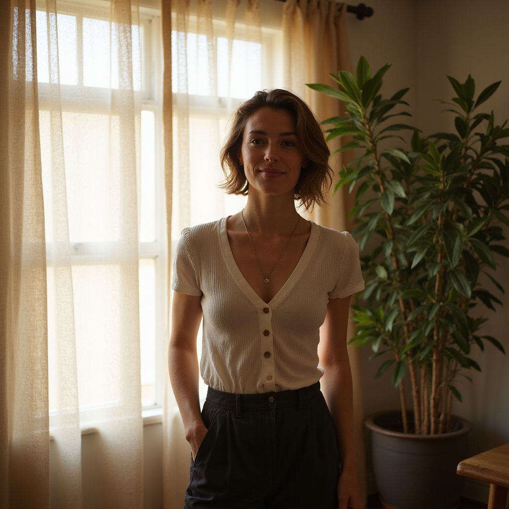 Woman in white top and black pants stands by a window, near a potted plant.