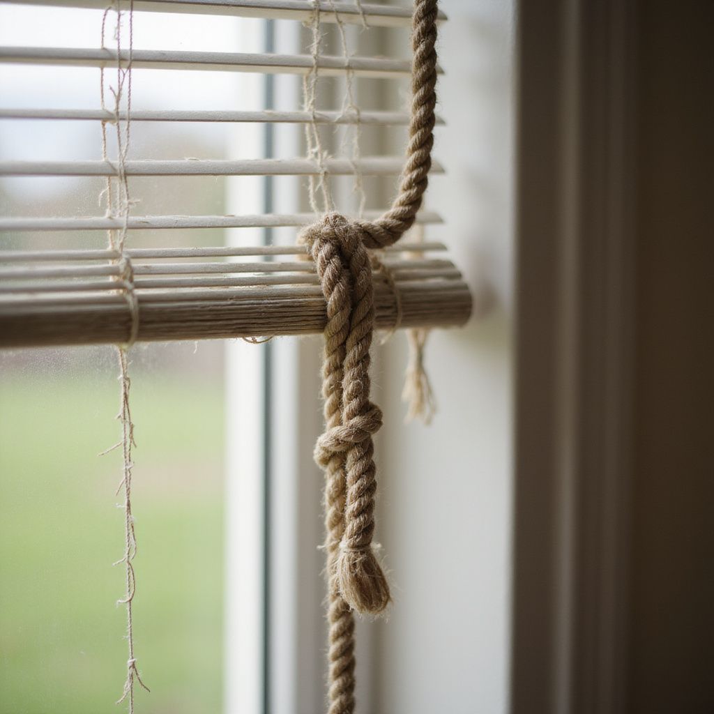 Close-up of a window blind with a knotted rope. The blind is made of wooden slats, and the rope is beige.