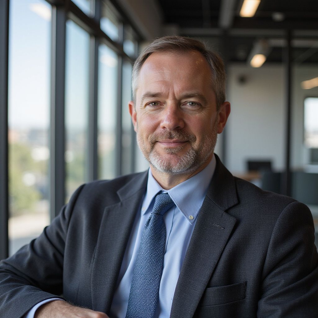 Mature man in suit and tie, looking at camera, in office setting.
