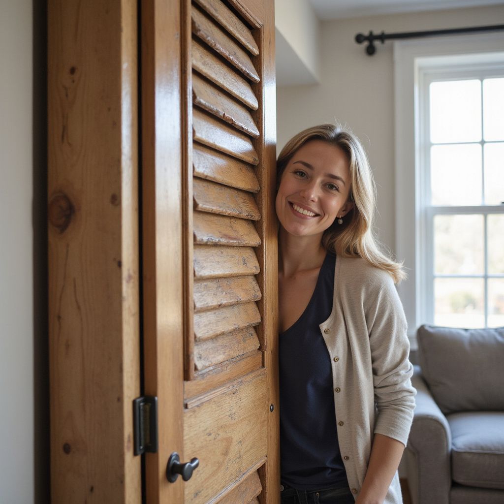 Woman smiling, leaning against a rustic wooden door. Beige sweater, dark top. Bright, natural light.