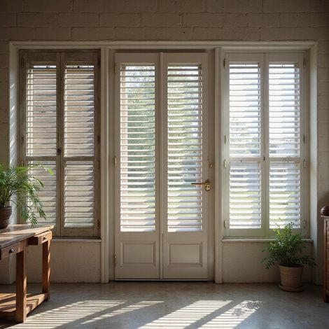 Interior shot with white shutters on French doors and windows, sunlight streams in, a table and plants are in front.