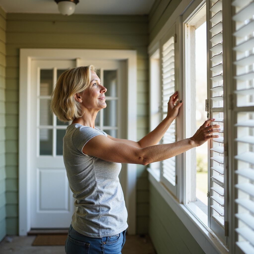 Woman opening window shutters, looking up. Standing on a porch, wearing jeans and a gray shirt.