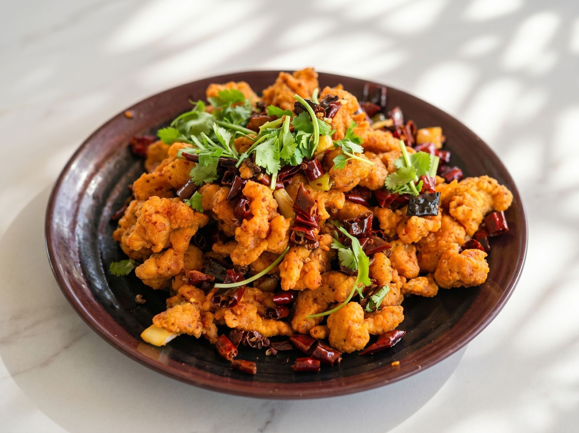 Plate of crispy fried cauliflower garnished with herbs and red onions on a dark dish