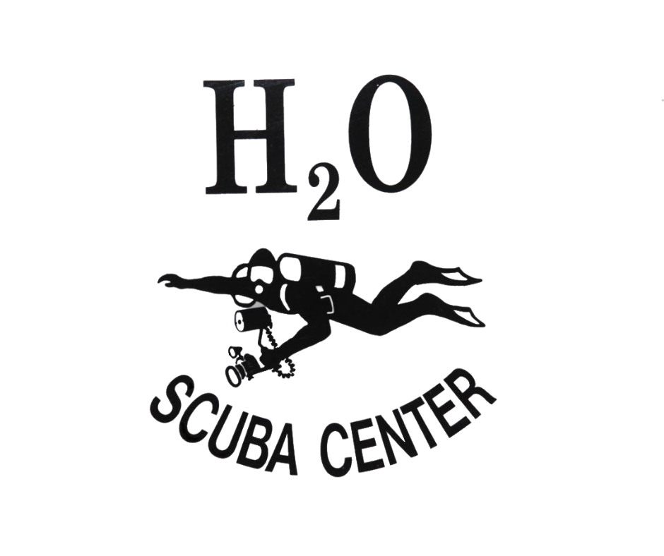 H2O Scuba Center logo with a black scuba diver and bold text on a white background