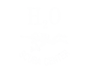 H2O SCUBA center logo with green diver, bubbles, and bold text on white background