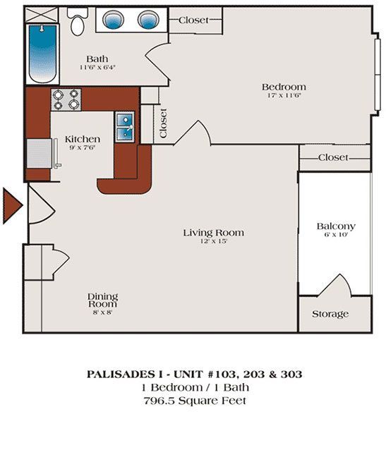 A floor plan of a 1 bedroom apartment with a balcony