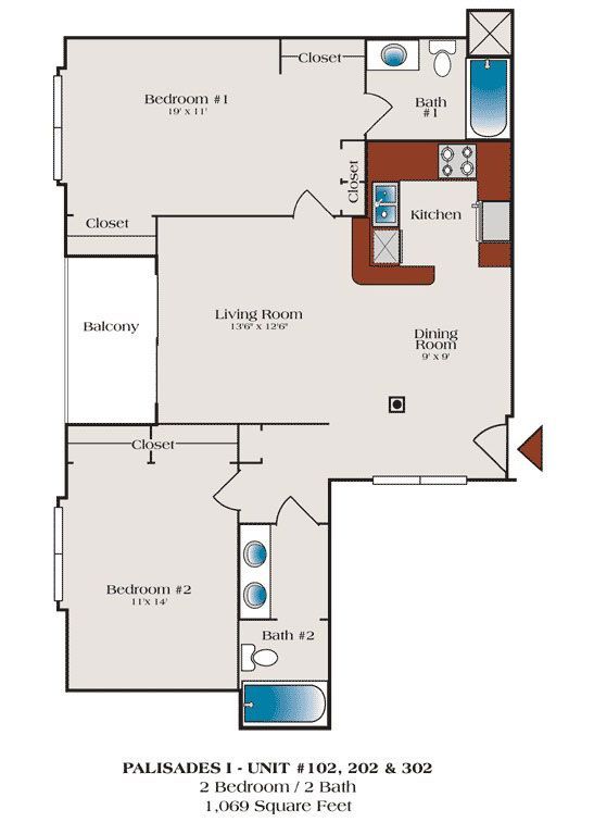 A floor plan of a house with two bedrooms and a bathroom