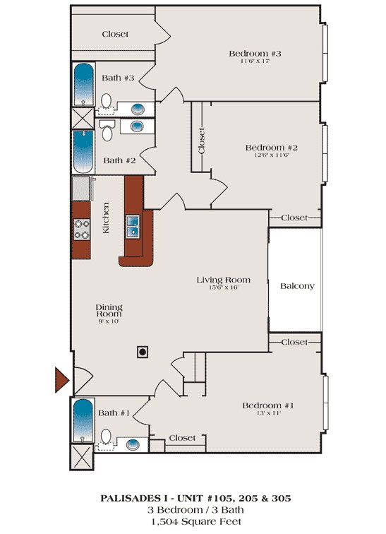 A floor plan of a 3 bedroom apartment with a balcony