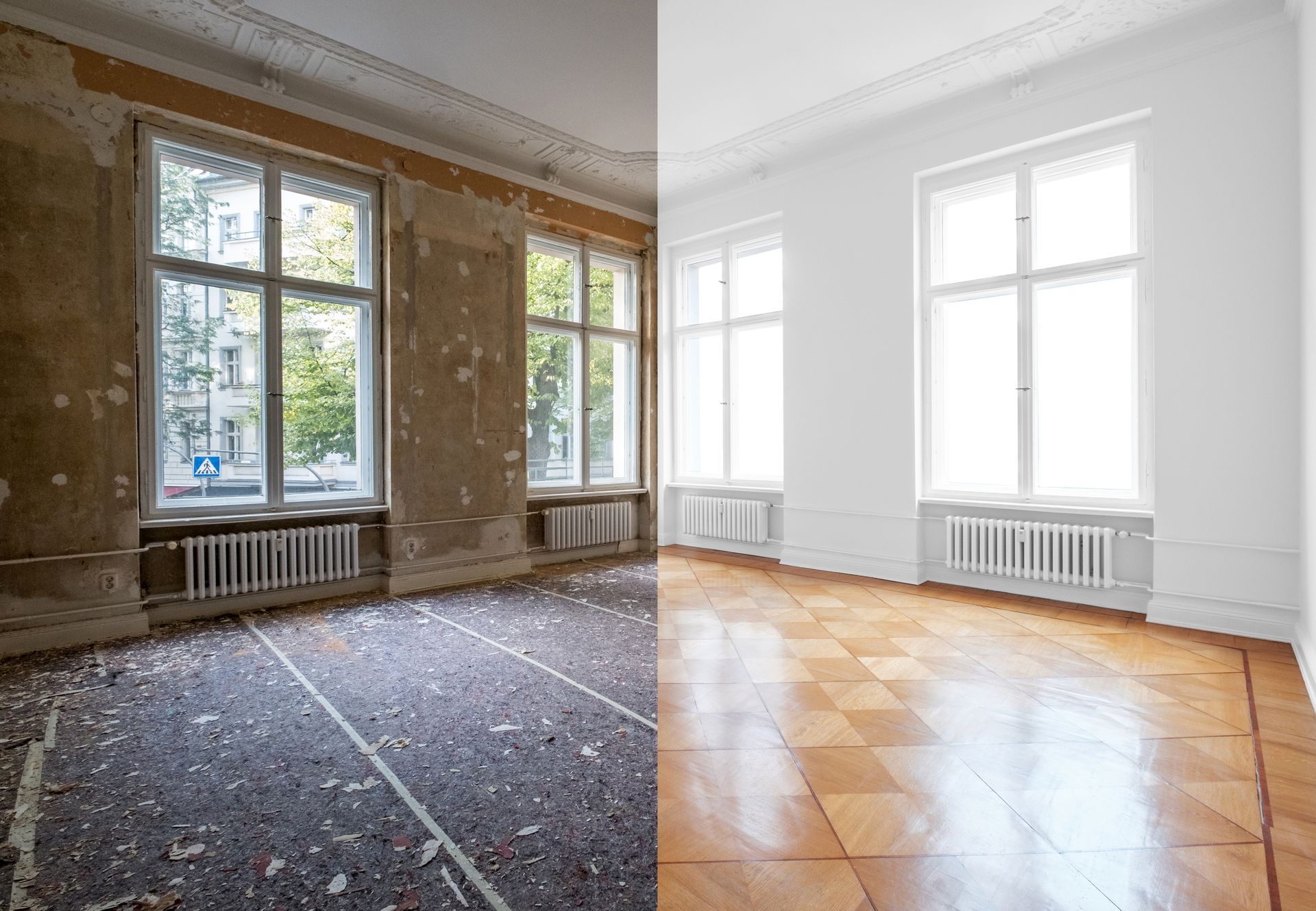 Renovation before and after: Room with peeling walls, debris, and old flooring transformed into a bright, clean room with polished wood floors.