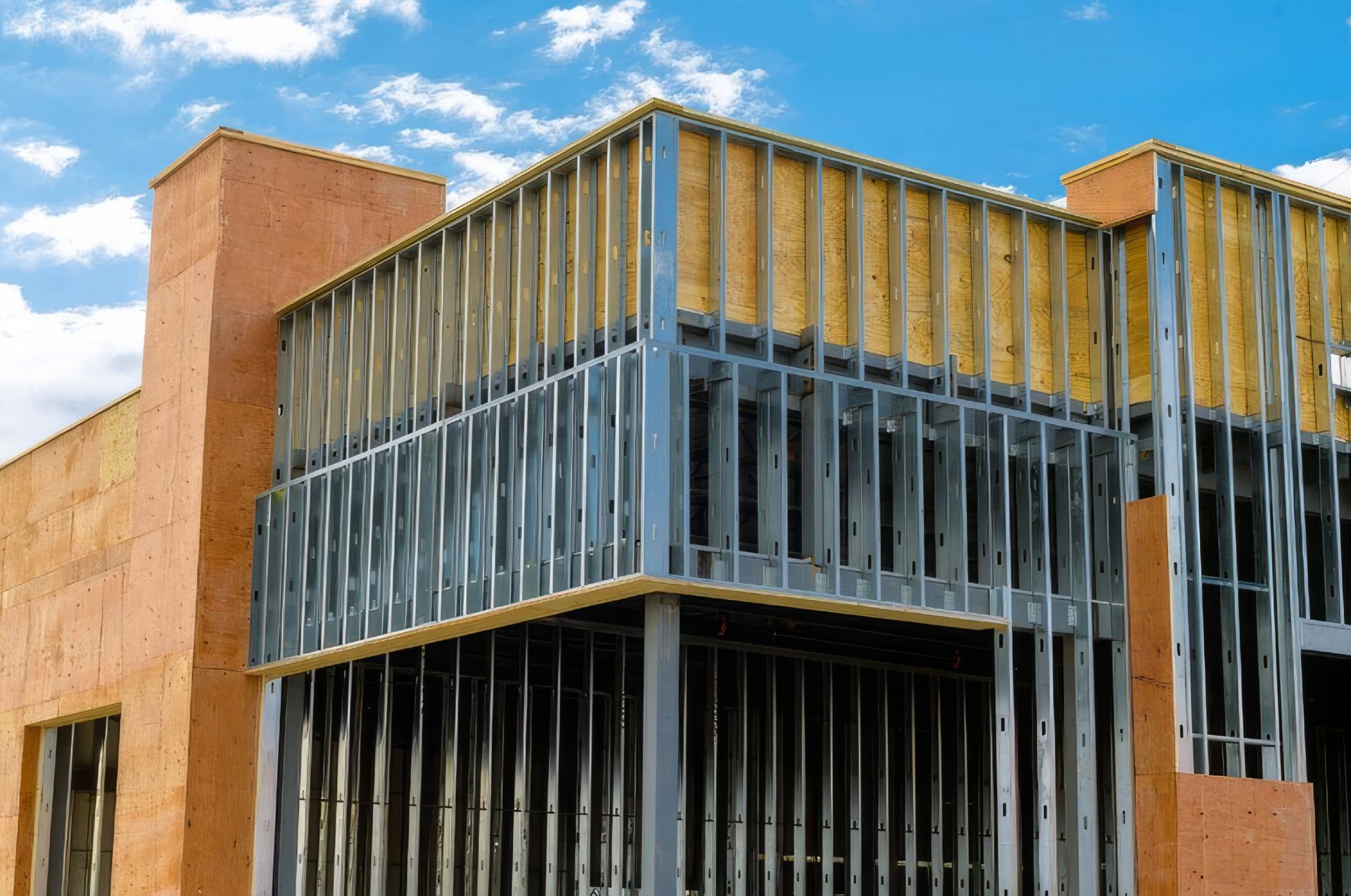 A building under construction with a lot of metal frames
